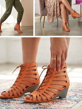 HENRY FERRERA by CHARMING LADY Bologna Orange Open Toe Wedge Sandals Women SZ 10